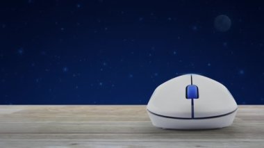 Kablosuz bilgisayar faresi olan motosikletli düz simge hayali gece masasında gökyüzü ve ay, iş teslimatı internet konsepti