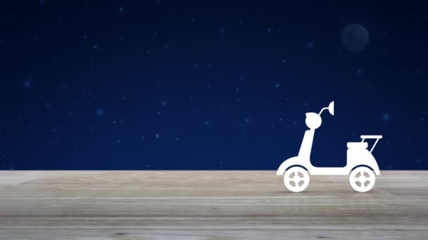 Μοτοσικλέτα Επίπεδη Εικονίδιο Στο Ξύλινο Τραπέζι Πάνω Από Τον Ουρανό — Αρχείο Βίντεο