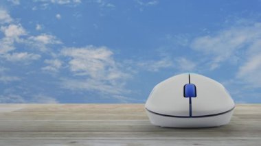 Güvenlik kalkanı, üzerinde beyaz bulutlu ahşap gökyüzü üzerinde kablosuz bilgisayar faresi olan Mark Düz simgesiyle güvenlik kalkanı, internet siber güvenliği ve anti virüs çevrimiçi konsepti.