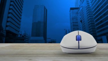 Modern ofis kulesi ve gökdelenin üzerindeki ahşap masa üzerinde kablosuz bilgisayar faresi olan 24 saatlik servis düz simgesi, iş tam zamanlı internet hizmeti kavramı