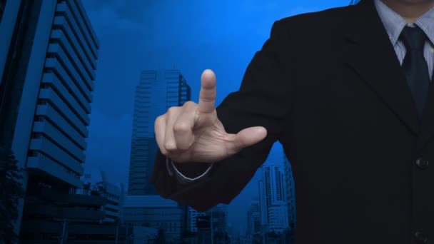Geschäftsmann Drückt Dollar Mit Schild Flache Ikone Über Modernen Büroturm — Stockvideo