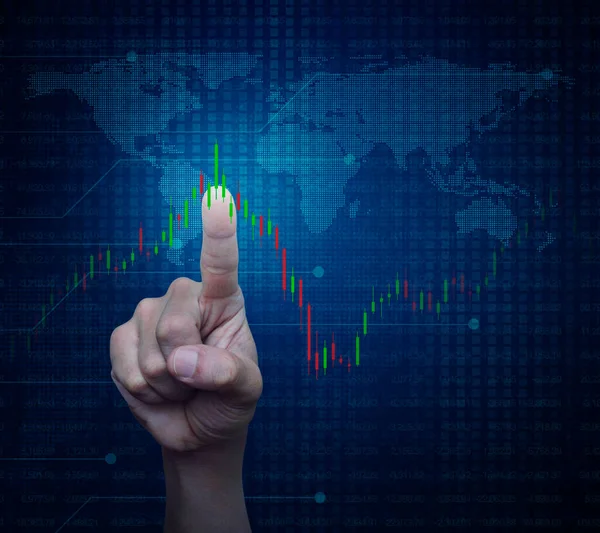Hand Pressing Trading Graph Stock Market Digital World Map Technology — Stock Photo, Image