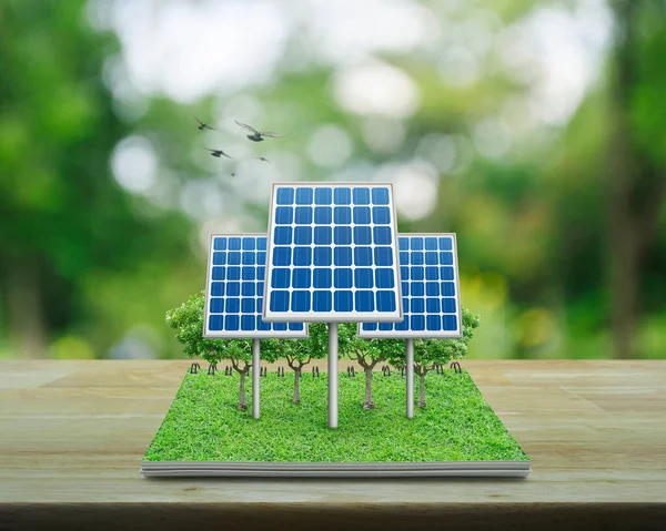 Сонячна Батарея Відкритої Книги Дерев Яному Столі Над Розмитим Зеленим — стокове фото