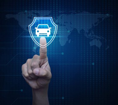 Dijital dünya haritası stili üzerinde kalkan düz ikona sahip el sıkışan araba, iş otomobili sigorta konsepti, NASA tarafından döşenmiş bu görüntünün elemanları