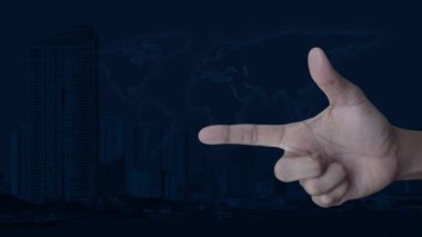 Hand pressing dollar with shield flat icon over modern city tower, skyscraper and world map, Business money insurance and protection concept, Elements of this image furnished by NASA