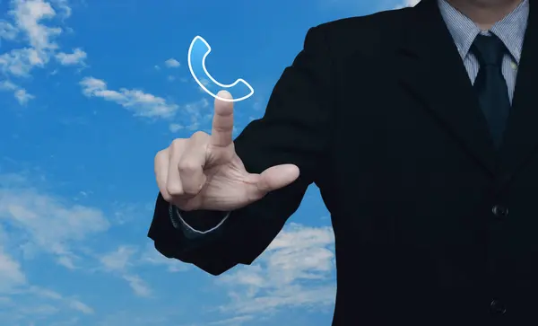 Businessman Pressing Telephone Flat Icon Blue Sky White Clouds Business — Stock Photo, Image