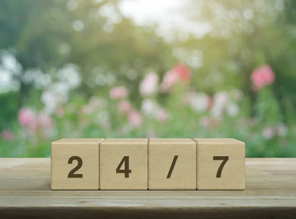 Letter Block Cubes Wooden Table Blur Pink Flower Tree Garden — Stock Photo, Image