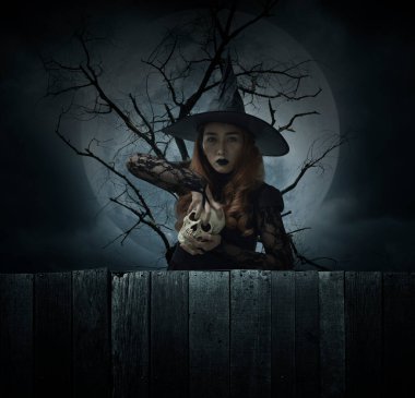 Cadılar Bayramı cadısı ölü ağacın, dolunayın ve bulutlu gökyüzünün üzerinde duran bir kafatası tutuyor, Cadılar Bayramı gizemi kavramı