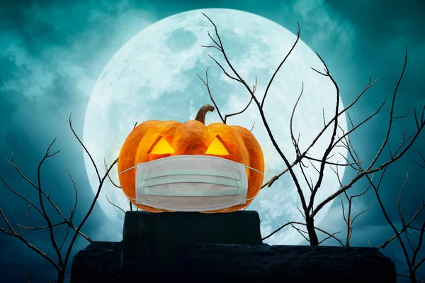 Halloween Jack Lanterna Zucca Indossando Maschera Medica Sulla Roccia Albero — Foto Stock
