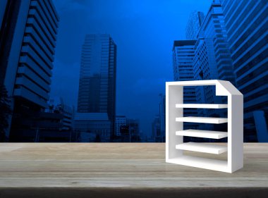 Document 3d icon on wooden table over modern office city tower and skyscraper, Technology communication online concept