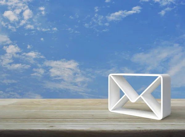 Mail 3d icon on wooden table over blue sky with white clouds, Business customer service and support online concept