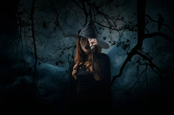 女巫站在枯树 满月和阴云密布的天空之间的可怕的光晕 万圣节的神秘概念 — 图库照片