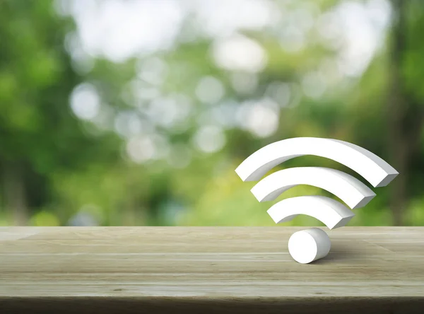 公园模糊绿树上木制桌子上的Wi 3D图标 技术网络通信概念 — 图库照片