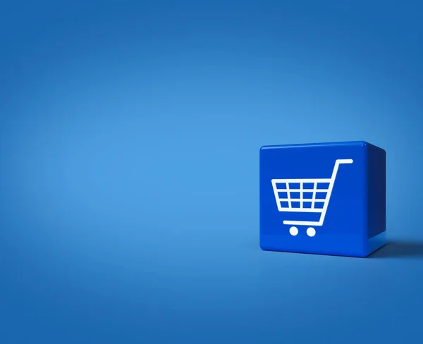 3Dレンダリング 青の背景にブロックキューブ上のショッピングカートアイコンのイラスト ビジネスショップオンラインコンセプト — ストック写真