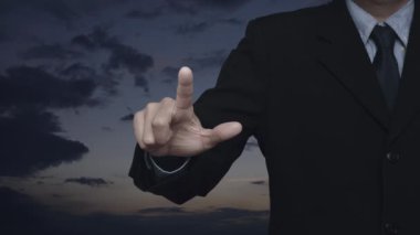 Businessman pressing camera flat icon over sunset sky, Business camera service shop online concept