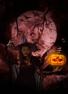 Cadılar Bayramı cadısı ve balkabağı canavarı haç, kilise, karga, kuşlar, ölü ağaç, dolunay ve bulutlu gökyüzü, Cadılar Bayramı gizemi