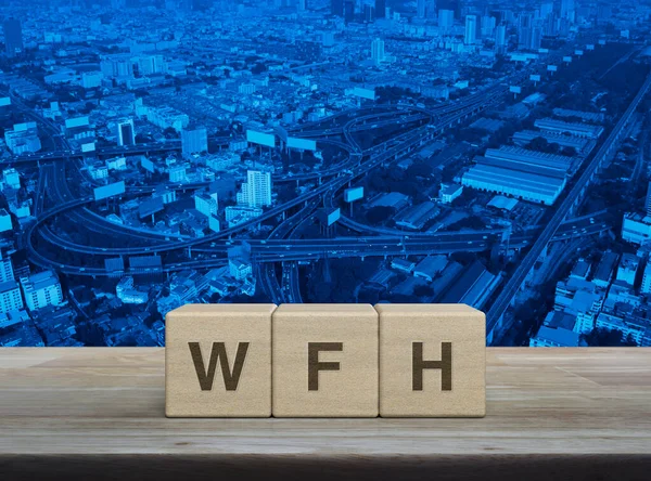 Wfh Letter Block Cubes Wooden Table Modern City Tower Street — Fotografia de Stock