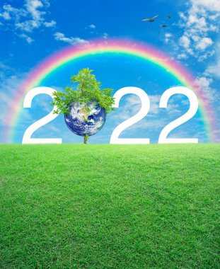 Gökkuşağı üzerinde yeşil çimen tarlasında, kuşlar ve mavi gökyüzü üzerinde 2022 beyaz metin, mutlu yıllar 2022 ekolojik örtüsü, Dünya kavramını koru, NASA tarafından desteklenen bu görüntünün elementleri