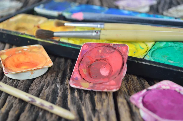 Water color paint box and paint brush — Stock Photo, Image