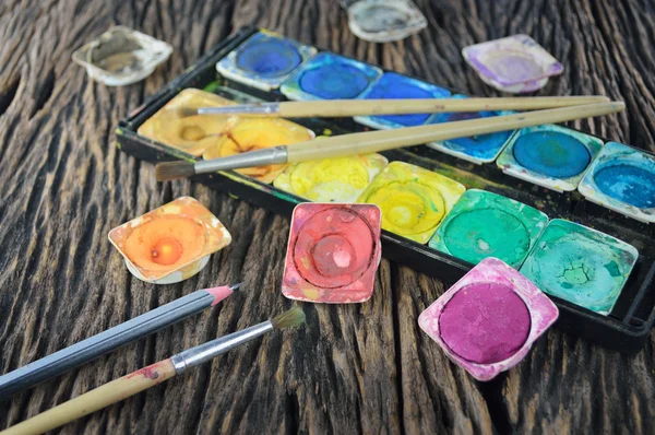 Water color paint box and paint brush — Stock Photo, Image