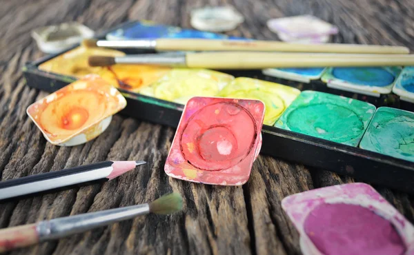 Water color paint box and paint brush — Stock Photo, Image