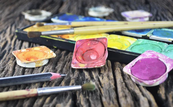 Water color paint box and paint brush — Stock Photo, Image