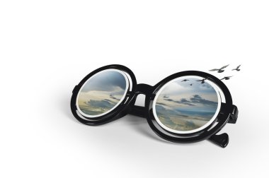 Günbatımı gökyüzü ve uçan martılar ile güneş gözlüğü