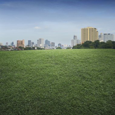 Boş bir sahne yeşil çim alan ve ofis şehir Binası