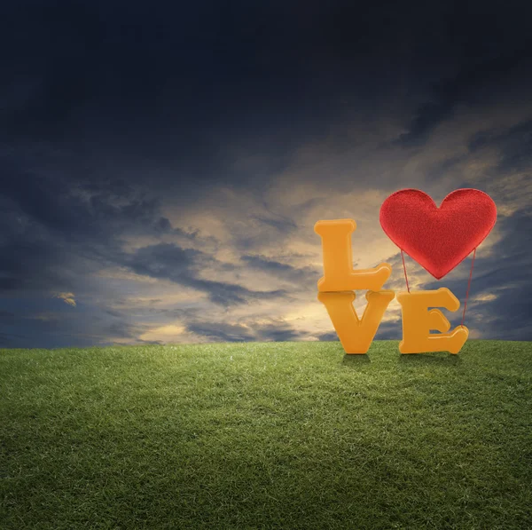 Love word with heart shape ballon on green grass in park — Stock Photo, Image