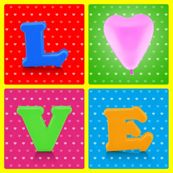 पॉप आर्ट पार्श्वभूमीवर रंगीत प्रेम वर्णमाला आणि गुलाबी गोळी — स्टॉक फोटो, इमेज