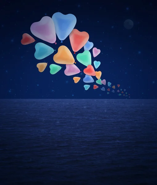 Colorful heart love balloon float on fantasy sky and moon — Stock Photo, Image