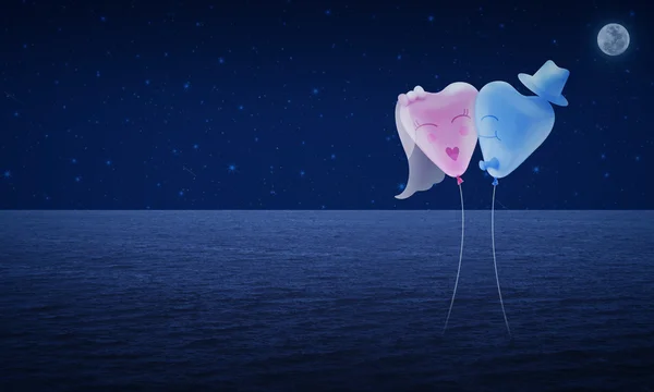Bruden och brudgummen älskar hjärtat ballongen på fantasy natthimlen — Stockfoto