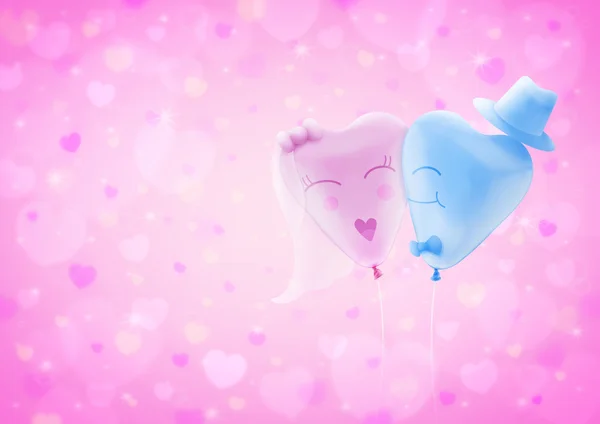 Braut und Bräutigam lieben Herz Ballon auf verschwommenem rosa Herz Bokeh für — Stockfoto
