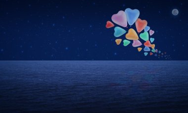 Renkli kalp sevmek balon şamandıra fantezi gökyüzü ve ay