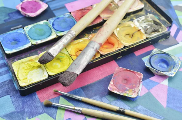 Water color paint box and paintbrush — Stock Photo, Image