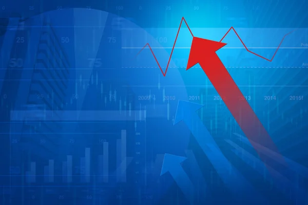 Red arrow head with Financial chart and graphs on city backgroun — Stock Photo, Image