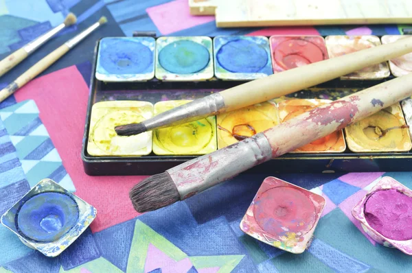 Water color paint box and paintbrush — Stock Photo, Image