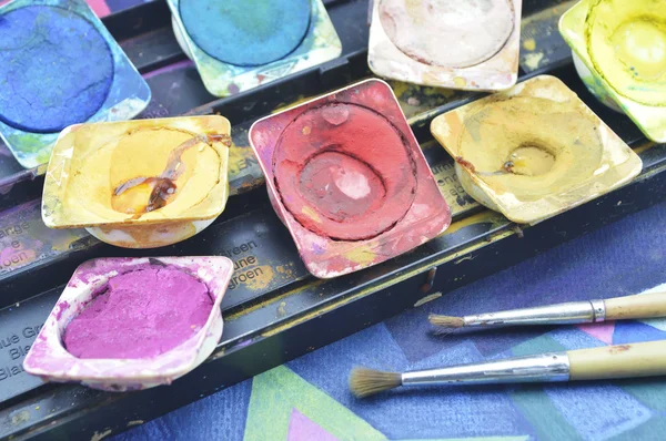 Water color paint box and paintbrush — Stock Photo, Image