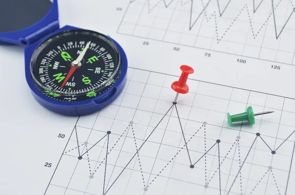 Red pin and compass on graph paper, success concept — Stock Photo, Image