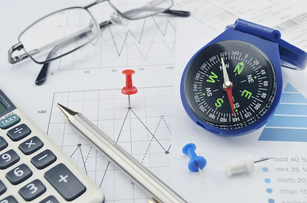 Blue compass, pen and pin on graph paper, success concept — Stock Photo, Image