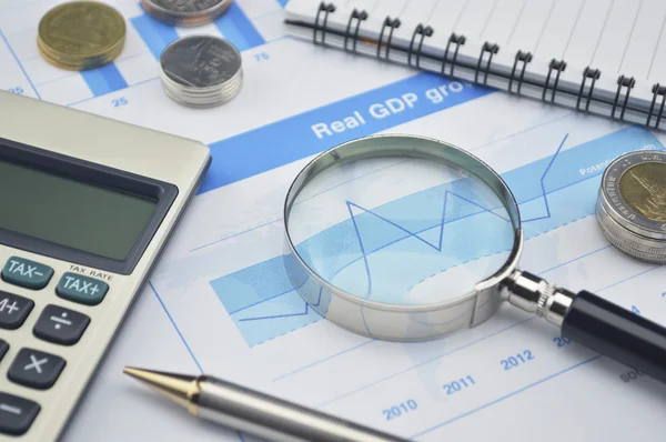 Magnifying glass, pen and calculator on financial chart and grap