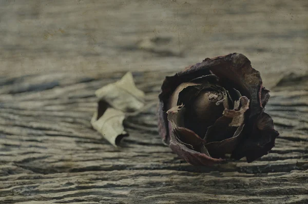 Rosa seca sobre fondo de madera viejo, concepto de corazón roto —  Fotos de Stock