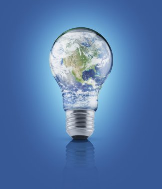 Dünya küre ampul mavi arka plan, enerji conservatio üzerinde bulunan