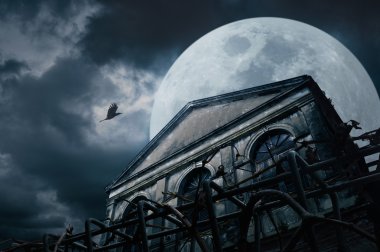 Eski grunge kuşla geceleri bulutlu gökyüzü ve m üzerinde bina
