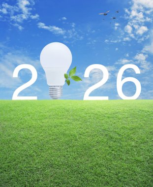 Taze ağaç yapraklı bir ampul ve yeşil çimen üzerinde beyaz bulutlar ve kuşlarla mavi gökyüzünde 2026 harfli bir harf. Yeni yılın kutlu olsun. Güç ve enerji tasarrufu.