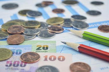 Tayland para, banknot ve kalem iş grafikte hesap