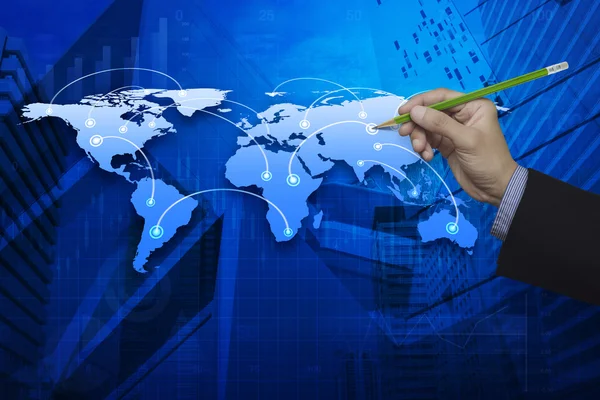 Businessman hand holding a pencil pointing at global connection — Stock Photo, Image
