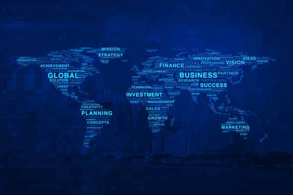 Globalnego biznesu słowa mapę na tle miasta i wykres, elementy — Zdjęcie stockowe