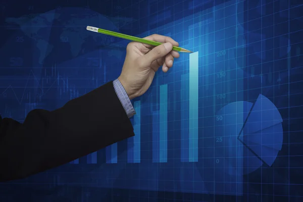 Businessman hand holding a pencil pointing at growth graph, Elem — Stock Photo, Image