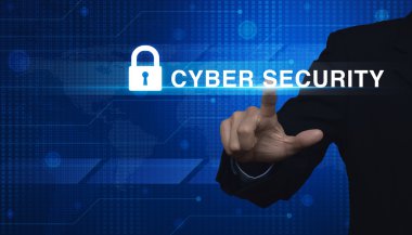 Güvenlik metin ve simge dijital dünya harita üzerinde basarak işadamı